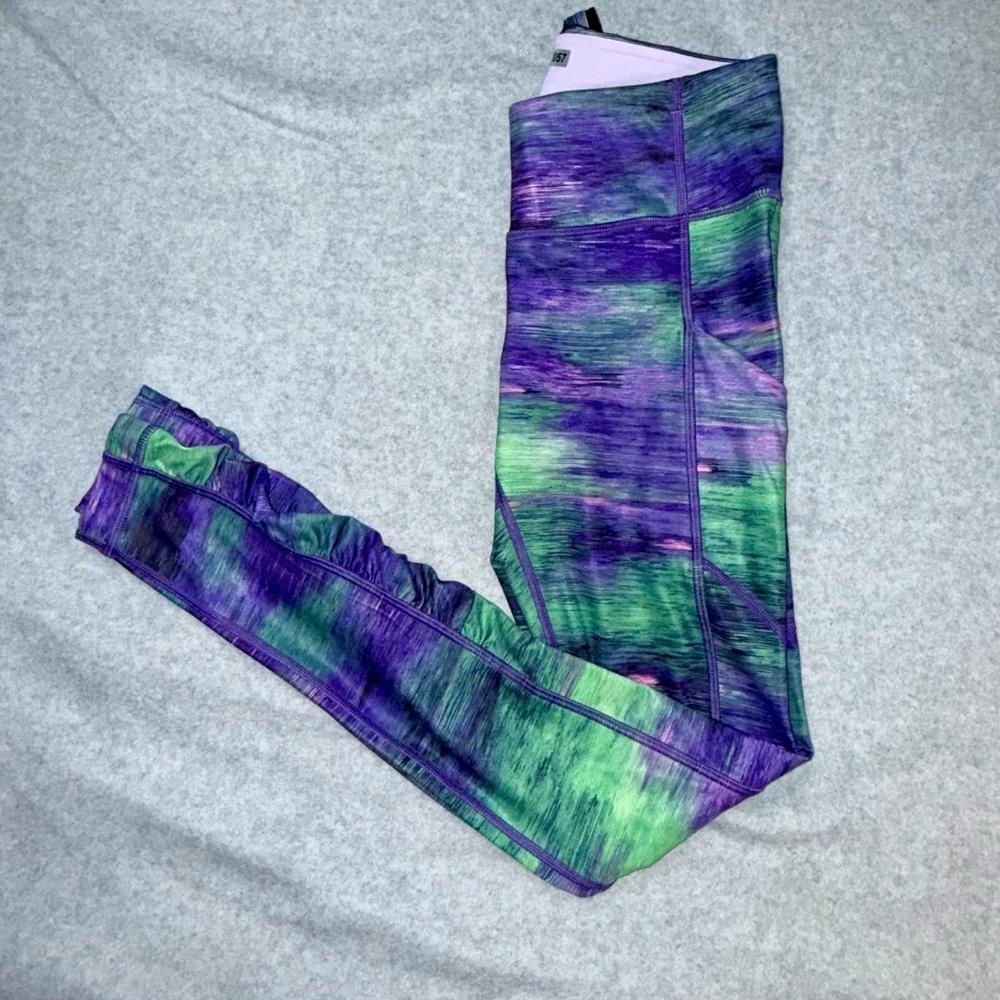 Lululemon Leggings Womens 4 Multicolor Purple Green Pattern Ruched Detail Active